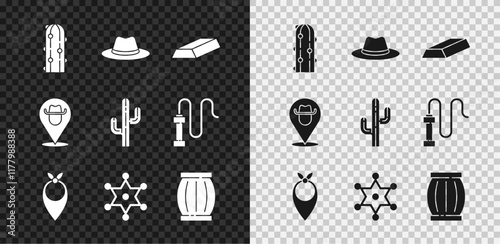 Set Cactus, Western cowboy hat, Gold bars, Cowboy bandana, Hexagram sheriff, Gun powder barrel, Location and icon. Vector