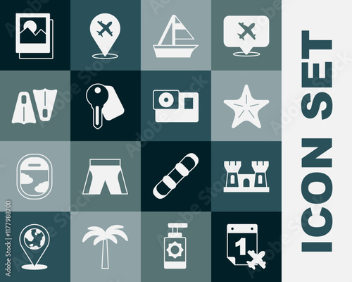 Set Calendar and airplane, Sand castle, Starfish, Yacht sailboat, Hotel door lock key, Rubber flippers for swimming, Photo and Action camera icon. Vector