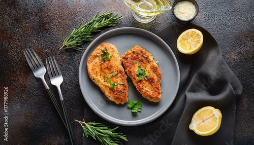 tasty chicken piccata with herbs and lemon on dark table1.jpg photo