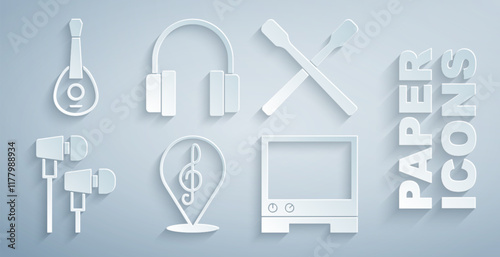 Set Treble clef, Drum sticks, Air headphones, Voice assistant, Headphones and Guitar icon. Vector