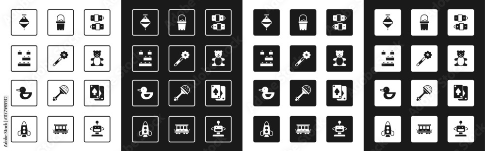 Set Battery, Magic wand, Toy building block bricks, Whirligig toy, Teddy bear plush, Sand bucket, Playing cards and Rubber duck icon. Vector Set Battery, Magic wand, Toy building block bricks, Whirligig toy, Teddy bear plush, Sand bucket, Playing cards and Rubber duck icon. Vector