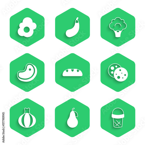 Set Bread loaf, Pear, Ice cream in waffle, Cookie with chocolate, Onion, Steak meat, Broccoli and Scrambled egg icon. Vector