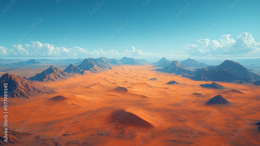 Fototapeta premium Aerial View Of A Vast Orange Desert Landscape With Mountains