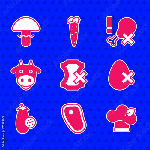 Set No leather, Steak meat, Vegan food diet, egg, Eggplant, Cow head, chicken leg and Mushroom icon. Vector