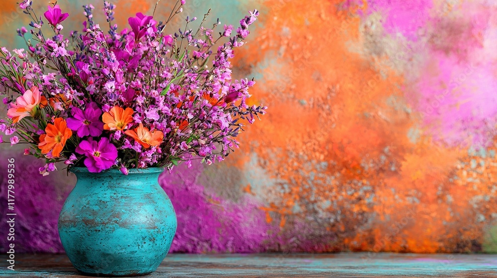A blue vase brimming with numerous purple and orange blossoms sits alongside an orange-pink wall featuring a painting A blue vase brimming with numerous purple and orange blossoms sits alongside an orange-pink wall featuring a painting