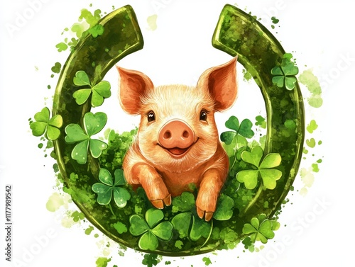 Cute Pig Inside Green Clover Leaves Within an Irish Horseshoe, Clipart Style Suncatcher with High Detail - Ideal for St. Patrick's Day Decor or Good Luck Themes