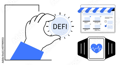 Hand holds DEFI coin with nearby online storefront and smartwatch showing heart rate. Ideal for fintech, retail, e-commerce, health tech, digital currency, decentralized finance, abstract line flat