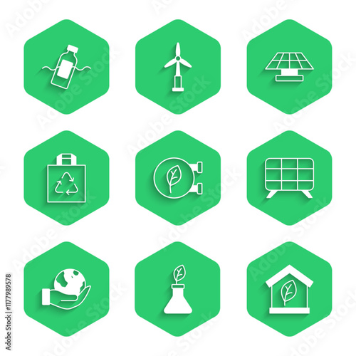 Set Eco shop, Plant breeding, friendly house, Solar energy panel, Hand holding Earth globe, Shopping bag with recycle, and The problem of pollution icon. Vector