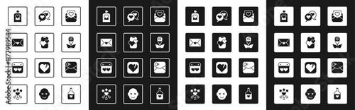 Set Envelope with Valentine heart, Dating app online mobile, Perfume, Flower rose, Heart speech bubble, and Calendar icon. Vector