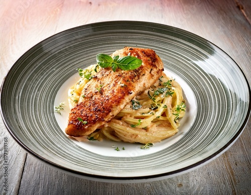 tasty chicken piccata on light wood table zoomed in1.jpg photo