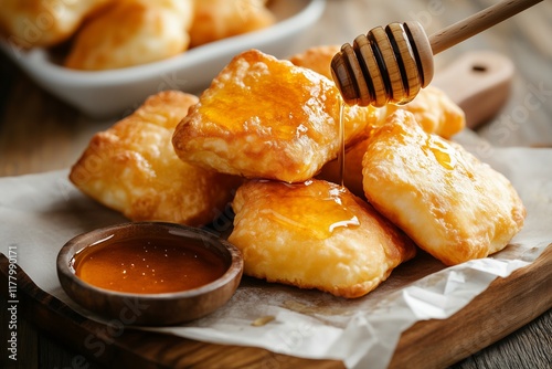 puffy, golden sopapillas drizzled with honey, accompanied by a small bowl of honey and a wooden dipper, set on a rustic wooden board photo