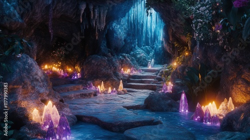 Enchanted Cave with Colorful Crystals and Glowing Illumination