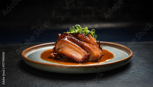 Char siu pork with herbs and sauce in ceramic plate. Tasty food. Chinese cuisine. Delicious dish.