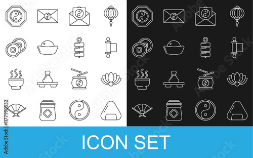 Set line Sushi, Lotus flower, Decree, paper, parchment, scroll, Yin Yang and envelope, Chinese Yuan currency, and Firework icon. Vector