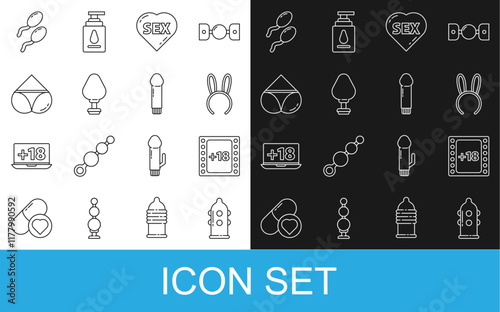 Set line Condom, Play Video with 18 plus content, Mask long bunny ears, Heart text Sex, Anal plug, Woman panties, Sperm and Dildo vibrator icon. Vector