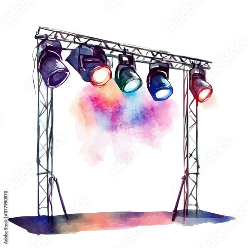 A watercolor illustration of a stage lighting bar, isolated on a white background. Stage equipment vector.
