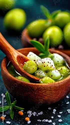   A wooden bowl filled with green olives is placed beside another bowl containing the same, both bowls sprinkled with salt