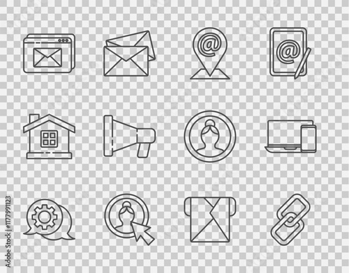 Set line Speech bubble chat, Chain link, Location and mail and e-mail, Create account screen, Website envelope, Megaphone, Envelope and Monitor icon. Vector