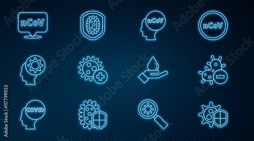 Set line Shield protecting from virus, Negative, Corona 2019-nCoV, Positive, Human and, location, Washing hands with soap and icon. Vector