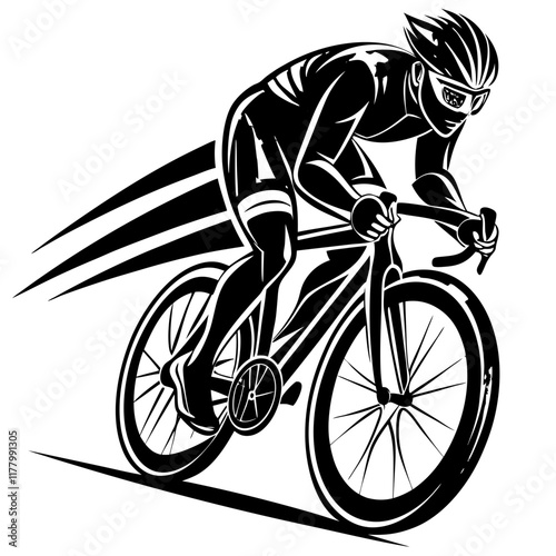 Dynamic Cyclist in Motion Black-and-White Vector Illustration