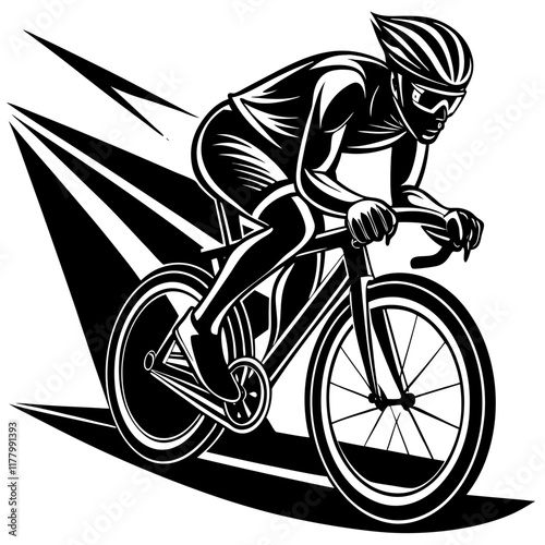 Dynamic Cyclist in Motion Black-and-White Vector Illustration