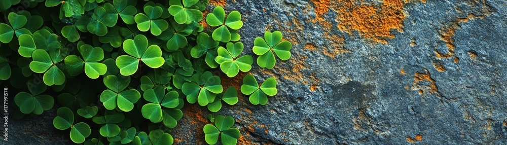 Vibrant Green Clover Leaves on Aged, Weathered Stone Surface - Nature, Texture, and Serenity