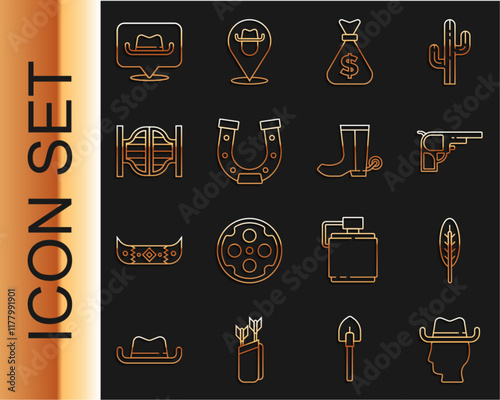 Set line Cowboy, Indian feather, Revolver gun, Money bag, Horseshoe, Saloon door, Location cowboy and boot icon. Vector