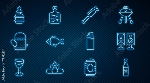 Set line Beer bottle, Stereo speaker, Meat chopper, Fish, Oven glove, Camping gas stove, Lighter and Cutting board icon. Vector