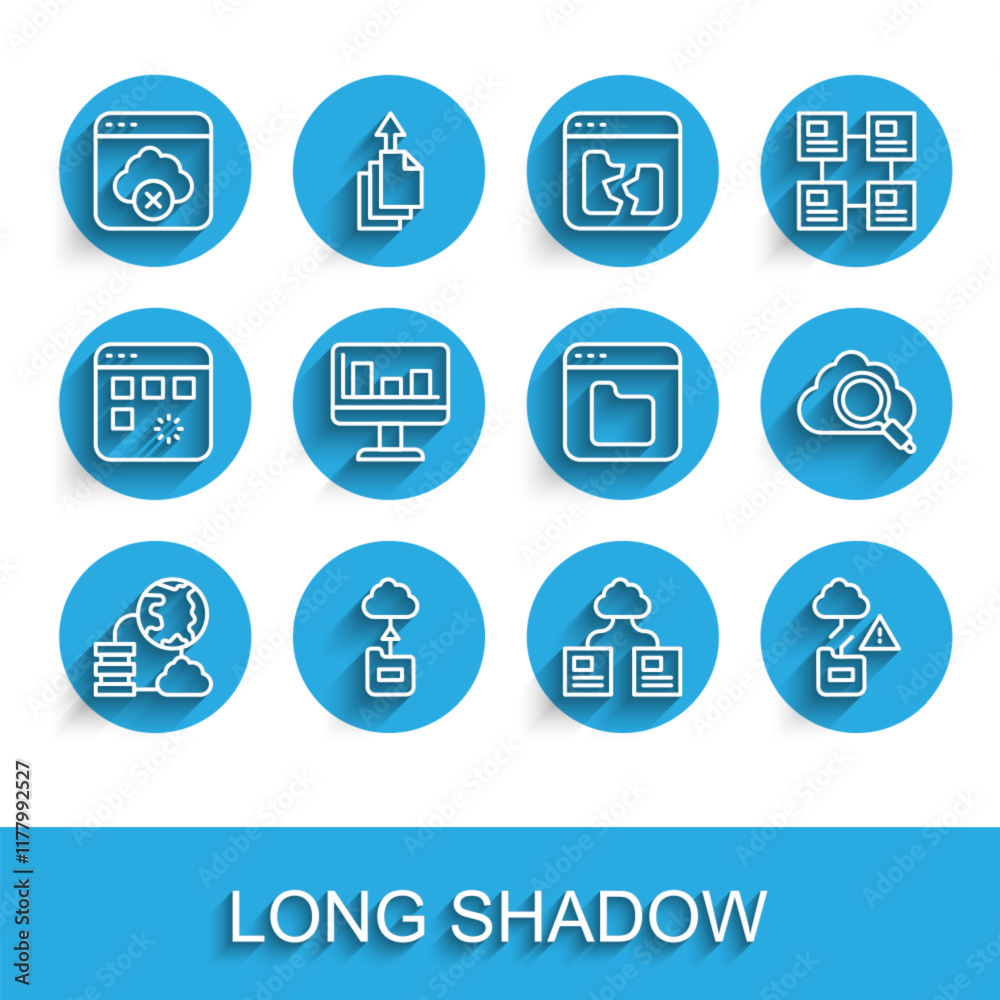 Set line Network cloud connection, Cloud technology data transfer, Failed access storage, Monitor with graph chart, Search computing and Browser files icon. Vector Set line Network cloud connection, Cloud technology data transfer, Failed access storage, Monitor with graph chart, Search computing and Browser files icon. Vector