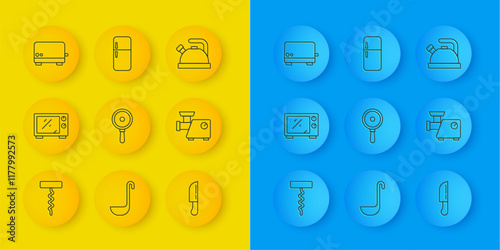 Set line Wine corkscrew, Microwave oven, Frying pan, Knife, Kitchen meat grinder, Toaster, Kettle with handle and Refrigerator icon. Vector