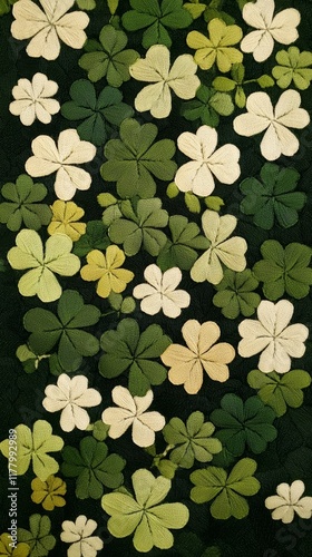 Elegant Embroidered Shamrocks in Shades of Green and White, Circular Design for Home Decor or Fashion photo