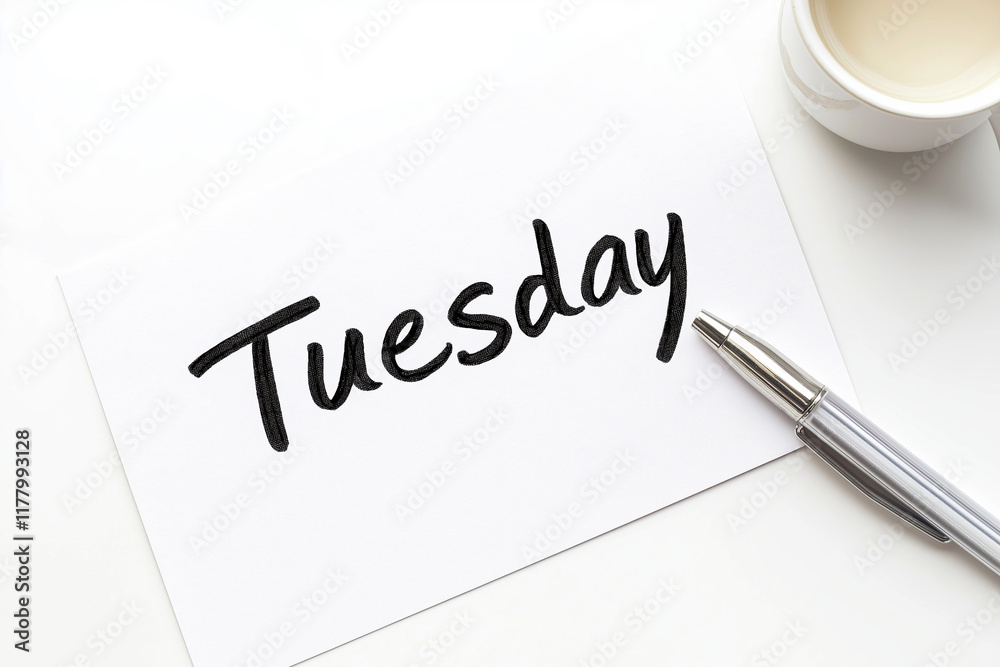 The text “Tuesday” is written in black letters on a piece of paper on the table. Signboard, calendar. Advertising banner The text “Tuesday” is written in black letters on a piece of paper on the table. Signboard, calendar. Advertising banner