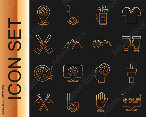 Set line Golf label, tee, Binoculars, bag with clubs, Mountains, Crossed golf ball, Location sport and icon. Vector