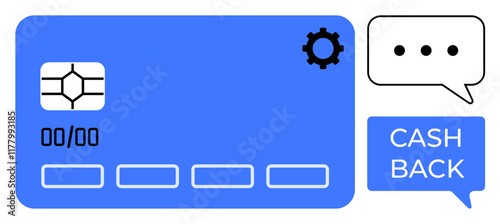 Blue payment card with a chip, serial number, and settings gear icon. Accompanied by chat bubbles and CASH BACK message. Ideal for online payments, ecommerce, customer service, rewards programs