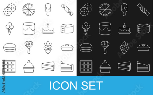 Set line Piece of cake, Homemade pie, Cake, Ice cream, in waffle cone, Cookie or biscuit and with burning candles icon. Vector