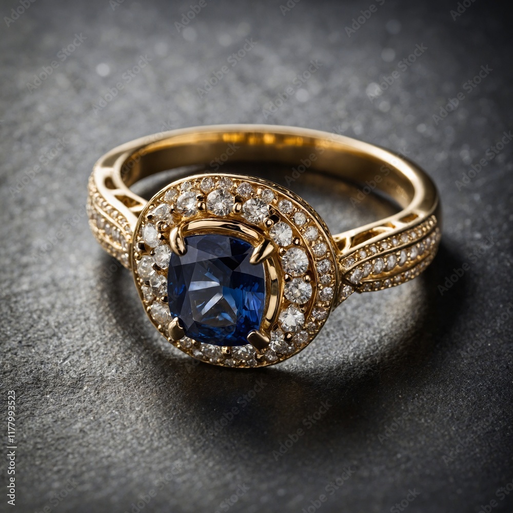Gold Ring with Diamond Halo – A luxurious gold ring with a radiant diamond halo around a central sapphire, reflecting a glimmering sparkle. Gold Ring with Diamond Halo – A luxurious gold ring with a radiant diamond halo around a central sapphire, reflecting a glimmering sparkle.