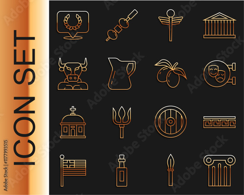 Set line Ancient column, Greek pattern, Comedy and tragedy masks, Caduceus snake medical, Bottle of olive oil, Minotaur, Laurel wreath and Olives branch icon. Vector