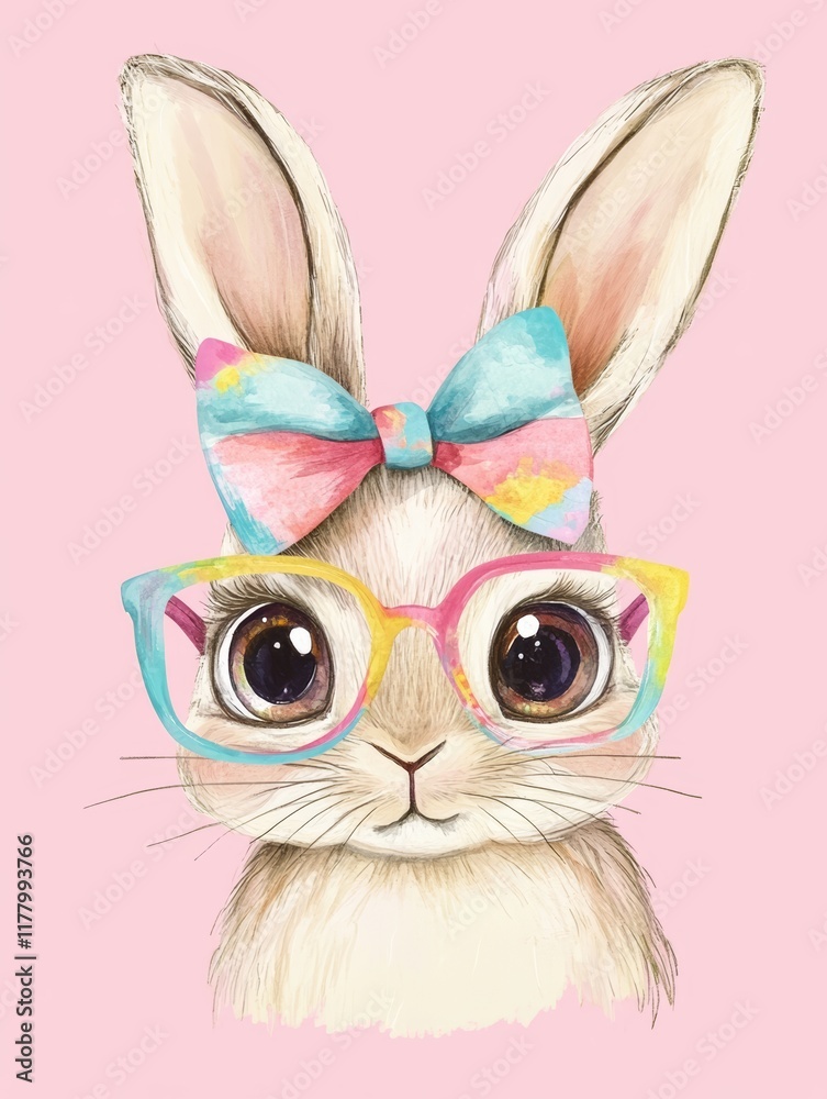 Cute Kawaii Bunny with Big Eyes Wearing Glasses and a Colorful Bow on Its Head Against a Pastel Pink Background - Ideal for children's books, greeting cards, or social media posts Cute Kawaii Bunny with Big Eyes Wearing Glasses and a Colorful Bow on Its Head Against a Pastel Pink Background - Ideal for children's books, greeting cards, or social media posts