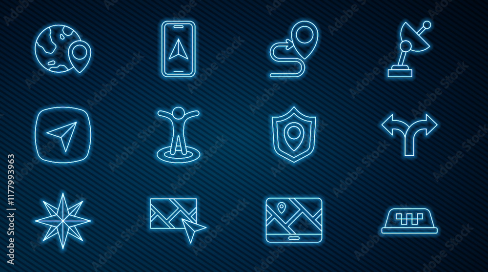 Set line Taxi car roof, Road traffic sign, Route location, Location with person, Infographic city map navigation, the globe, shield and City icon. Vector Set line Taxi car roof, Road traffic sign, Route location, Location with person, Infographic city map navigation, the globe, shield and City icon. Vector