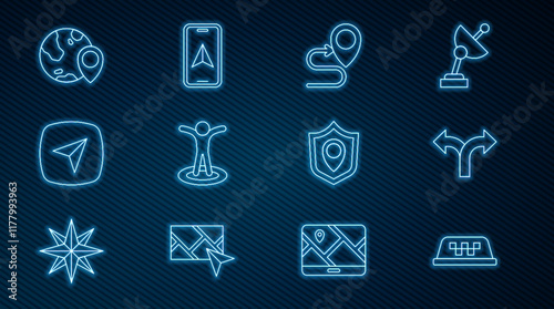 Set line Taxi car roof, Road traffic sign, Route location, Location with person, Infographic city map navigation, the globe, shield and City icon. Vector