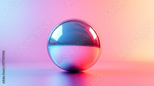 Reflective Sphere in Neon Gradient: A chrome ball sits on a surface, illuminated by a vibrant neon gradient, creating a striking visual contrast.