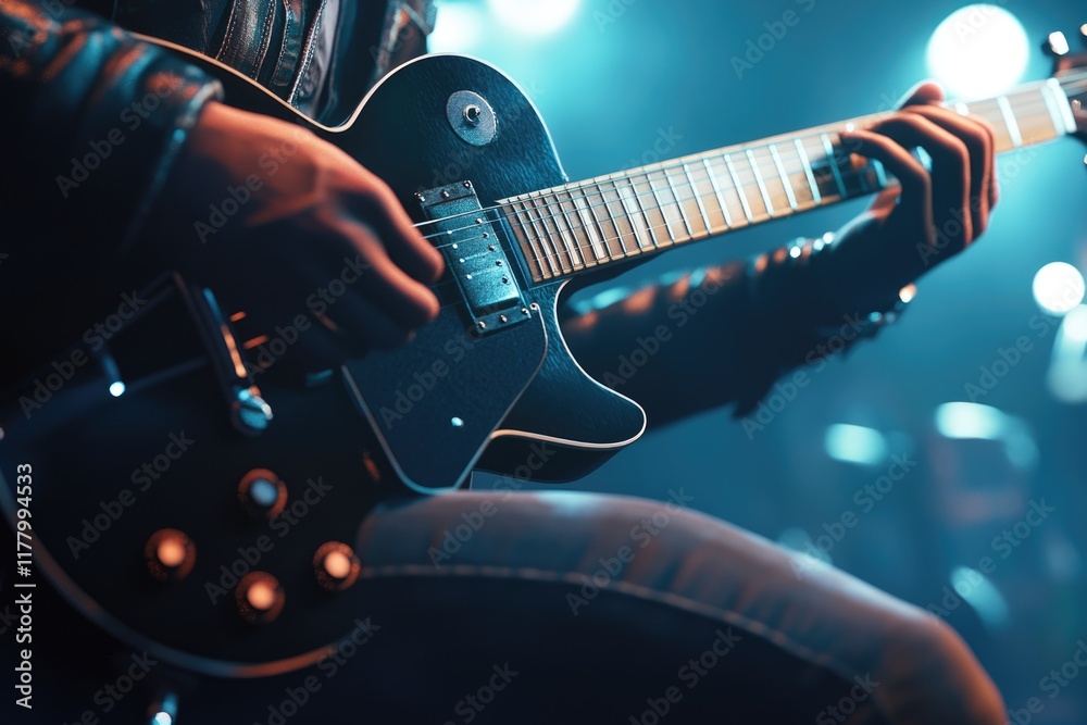 Obraz premium A man is playing guitar on stage close up.