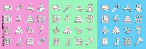 Set line Rattle baby toy, Rake, Battery, Toy boat, Whirligig, Tic tac toe game, truck and Pyramid icon. Vector