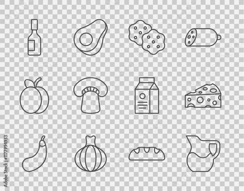 Set line Eggplant, Jug glass with milk, Cracker biscuit, Onion, Tabasco sauce, Mushroom, Bread loaf and Cheese icon. Vector