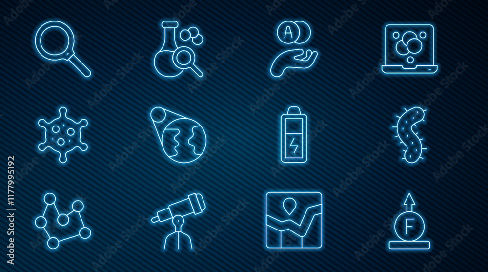 Set line Force of physic formula, Virus, Atom, Earth globe, Magnifying glass, Battery and Test tube icon. Vector Set line Force of physic formula, Virus, Atom, Earth globe, Magnifying glass, Battery and Test tube icon. Vector