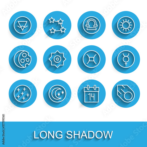 Set line Full moon, Moon and stars, Earth element, Calendar, Comet, Falling, Symbol Mercury and Gemini zodiac icon. Vector