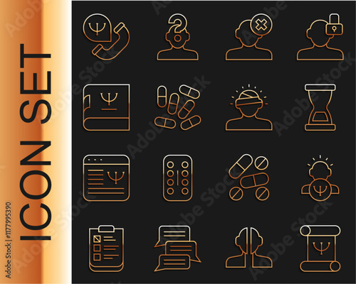 Set line Psychology book, Old hourglass, Solution problem in psychology, Medicine pill or tablet, Online psychological counseling and Concussion, headache icon. Vector