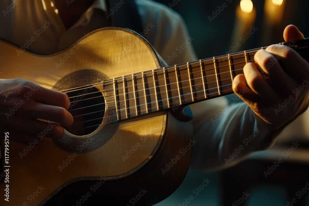 Obraz premium Man playing guitar at home learning and practicing music talent.