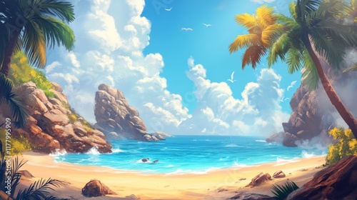 Tropical beach landscape with palm trees, golden sand and rocks in blue water under sky with fluffy clouds. Beautiful paradise seaside, island in ocean, game location, Cartoon 2d vector illustration