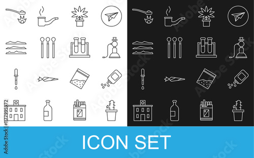 Set line Cactus peyote in pot, Medicine bottle and pills, Hookah, Marijuana or cannabis plant, Matches, Cocaine heroin drug, Heroin spoon and Test tube flask icon. Vector